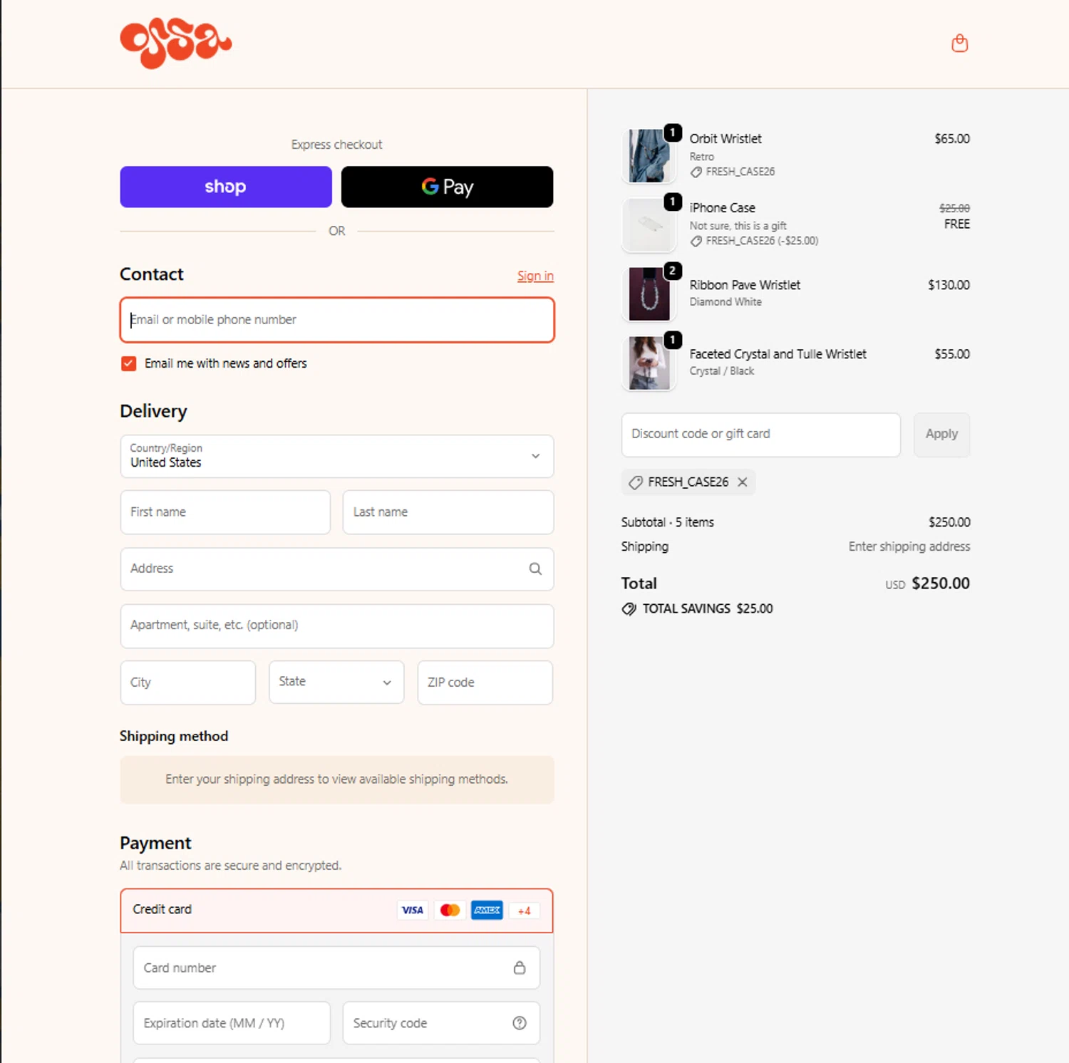 OSSA NEW YORK promo code screenshot showing code FRESH_CASE26 applied at OSSA NEW YORK checkout page. Uploaded by SimplyCodes community member reggiesmith on Jan 18, 2026