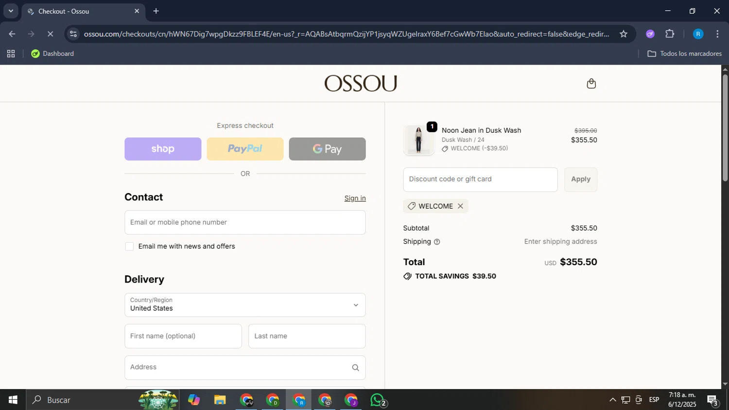 Ossou promo code screenshot showing code WELCOME applied at Ossou checkout page. Uploaded by SimplyCodes community member Aemontar on Dec 6, 2025
