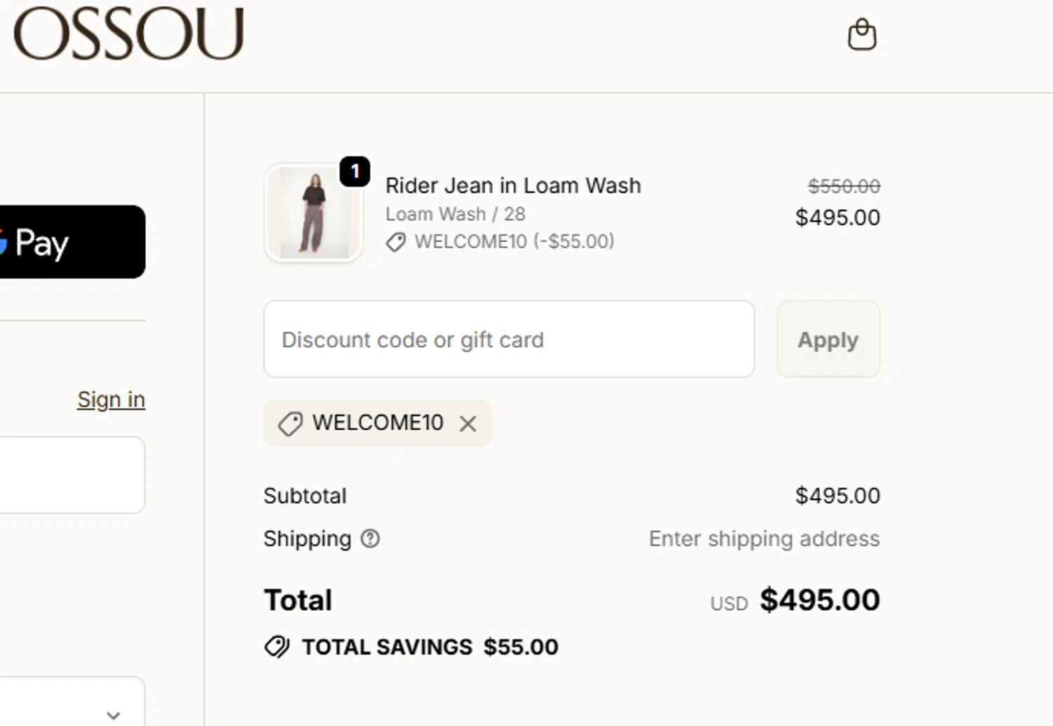 Ossou promo code screenshot showing code WELCOME10 applied at Ossou checkout page. Uploaded by SimplyCodes community member salepmigajera on Oct 9, 2025