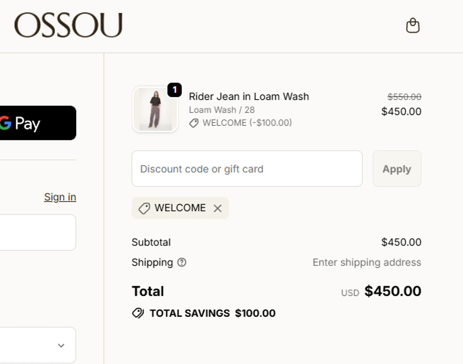 Ossou promo code screenshot showing code WELCOME applied at Ossou checkout page. Uploaded by SimplyCodes community member salepmigajera on Oct 9, 2025