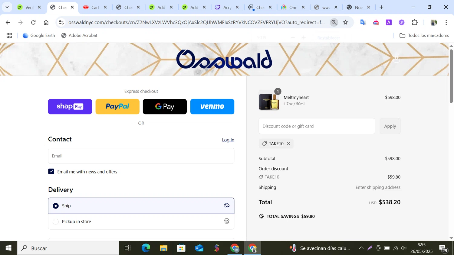 Osswald discount code screenshot showing code TAKE10 applied at Osswald checkout page. Uploaded by SimplyCodes community member NobleMonarch5837 on May 26, 2025