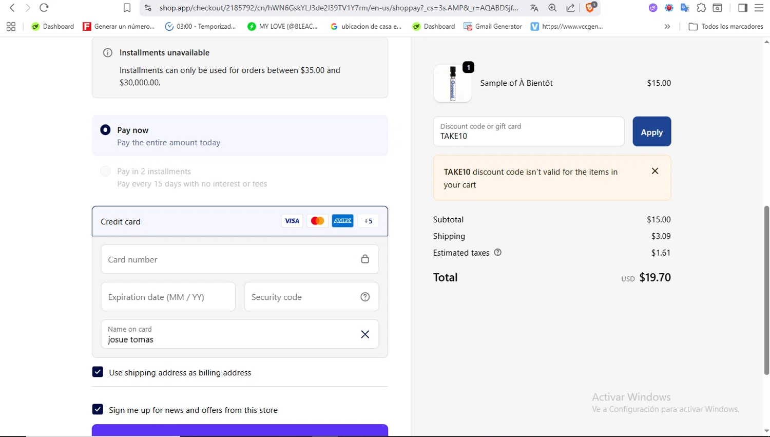 Osswald discount code screenshot showing code TAKE10 applied at Osswald checkout page. Uploaded by SimplyCodes community member VoucherFalcon3942 on Dec 10, 2025