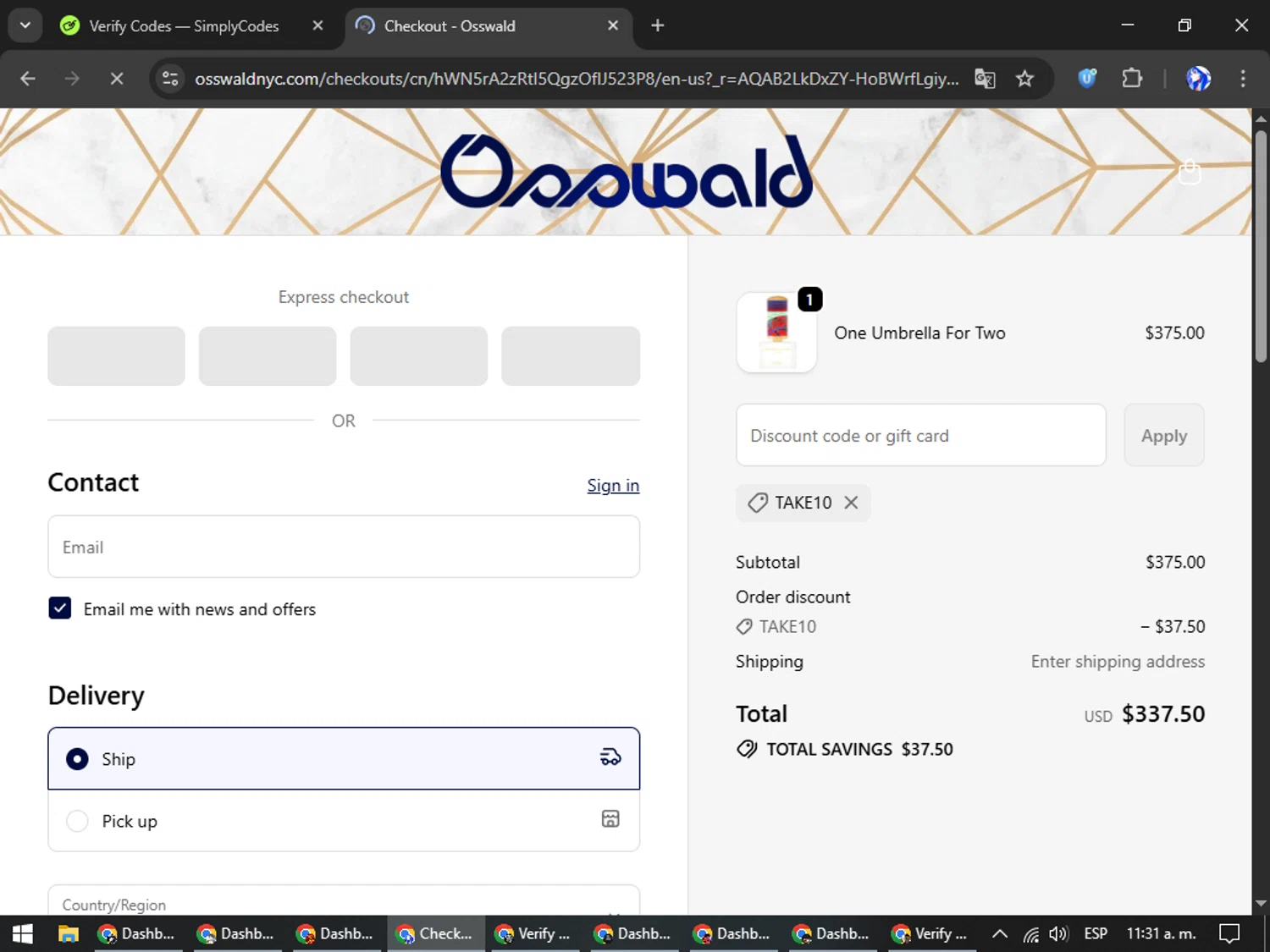 Osswald discount code screenshot showing code TAKE10 applied at Osswald checkout page. Uploaded by SimplyCodes community member WiseHunter8213 on Nov 29, 2025