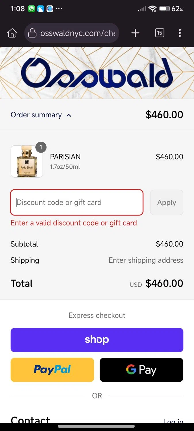 Osswald discount code screenshot showing code LBR15 applied at Osswald checkout page. Uploaded by SimplyCodes community member Diego_Soto on Aug 30, 2025