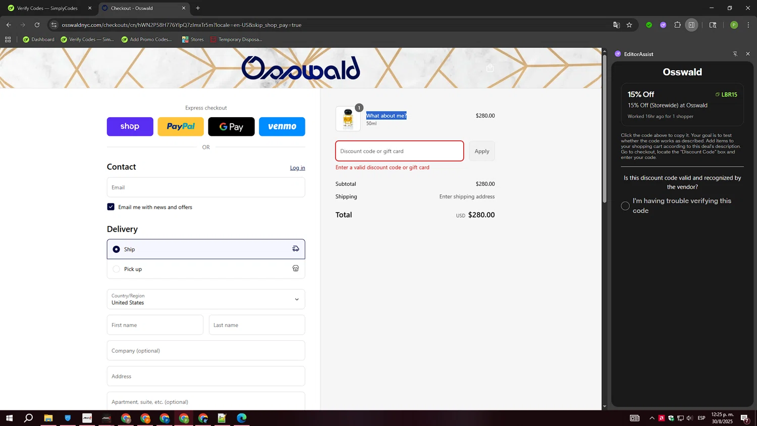 Osswald discount code screenshot showing code LBR15 applied at Osswald checkout page. Uploaded by SimplyCodes community member FortunateTiger3302 on Aug 30, 2025