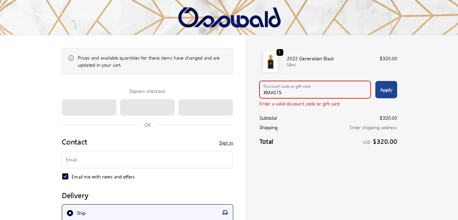 Osswald discount code screenshot showing code XMAS15 applied at Osswald checkout page. Uploaded by SimplyCodes community member FortunateElite5130 on Dec 28, 2025
