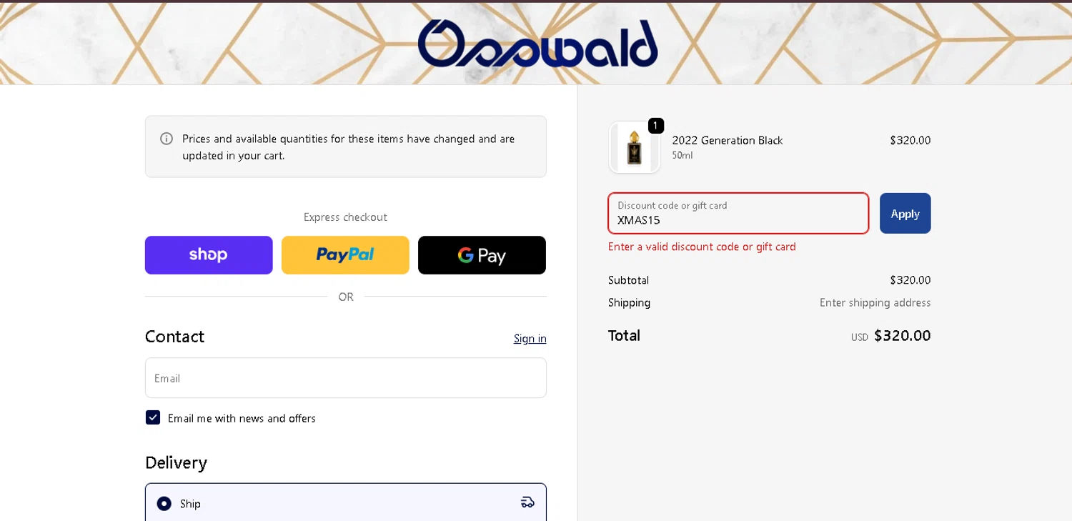 Osswald discount code screenshot showing code XMAS15 applied at Osswald checkout page. Uploaded by SimplyCodes community member ValiantMaverick169 on Dec 28, 2025