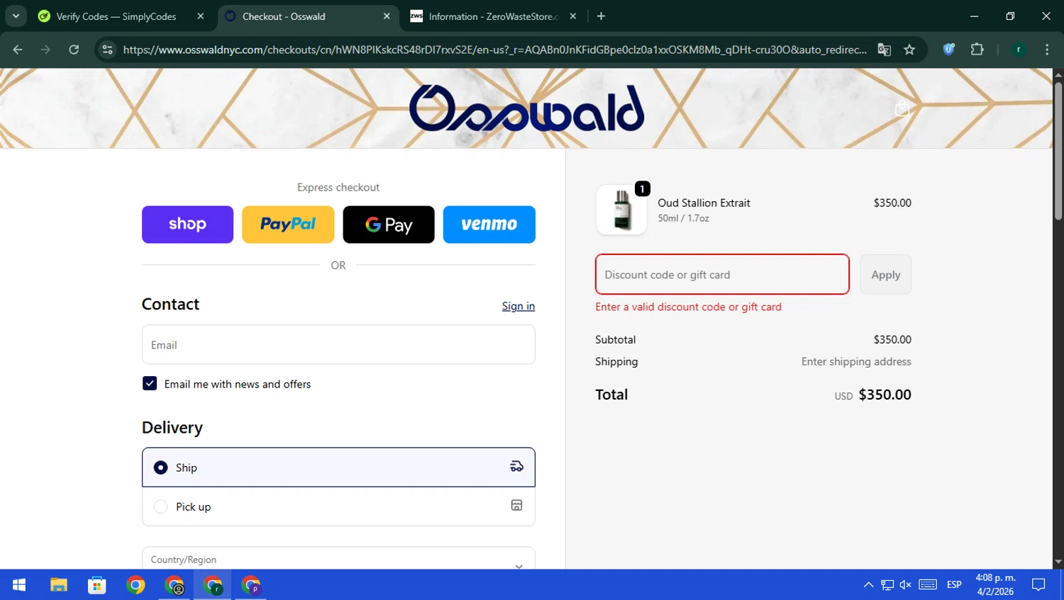Osswald discount code screenshot showing code SUNSHINE applied at Osswald checkout page. Uploaded by SimplyCodes community member rodri1 on Feb 4, 2026