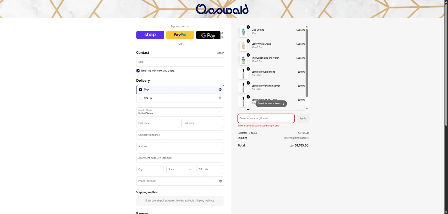 Osswald discount code screenshot showing code LUV15 applied at Osswald checkout page. Uploaded by SimplyCodes community member NobleWarden1688 on Feb 17, 2026