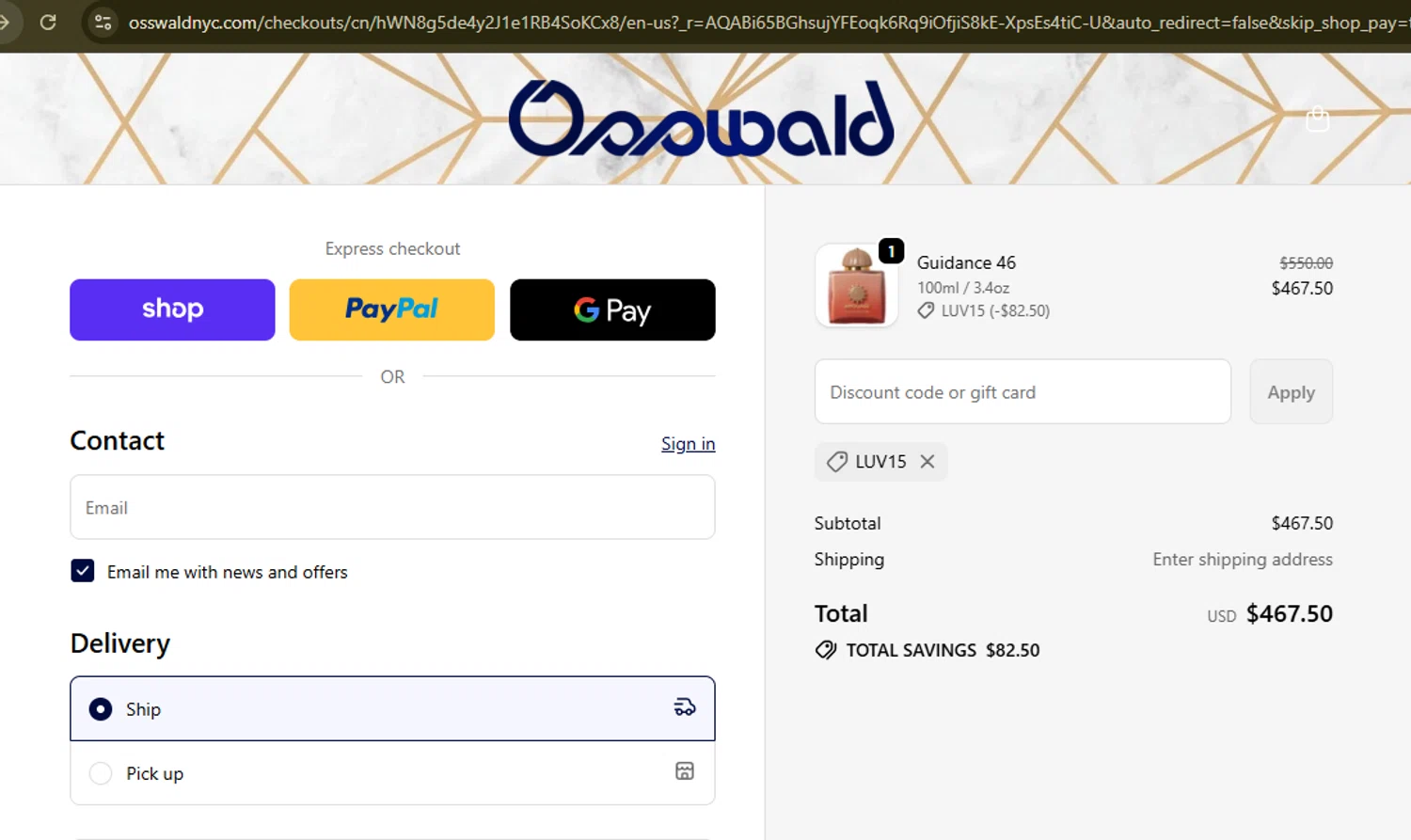 Osswald checkout page showing Osswald discount code box | Screenshot taken by SimplyCodes community member on Feb 11, 2026