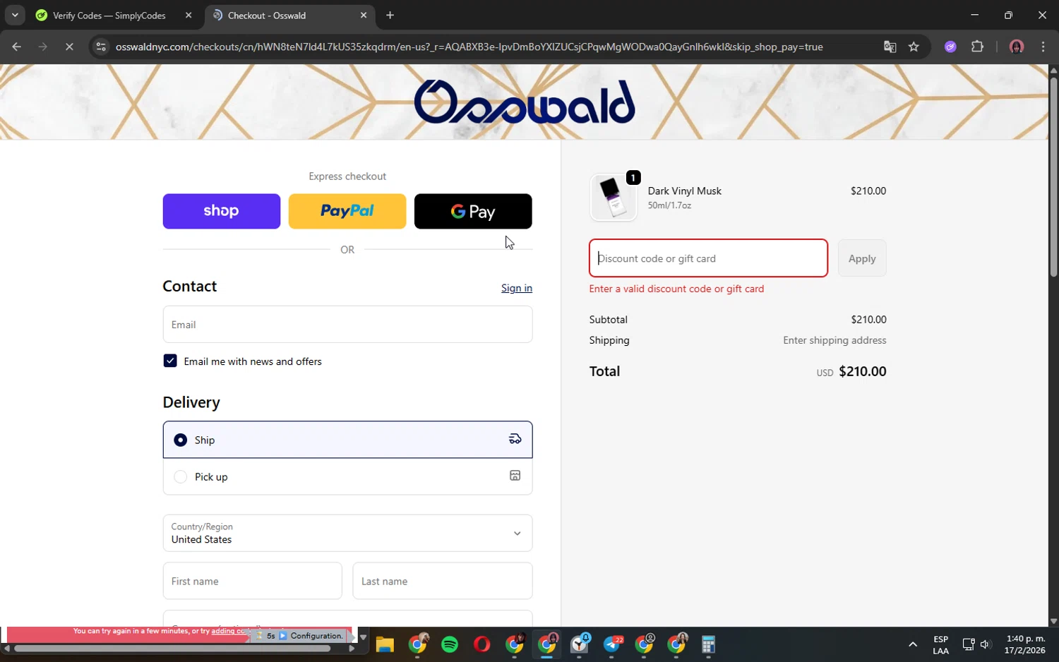 Osswald discount code screenshot showing code LUV15 applied at Osswald checkout page. Uploaded by SimplyCodes community member ShrewdPilot3521 on Feb 17, 2026