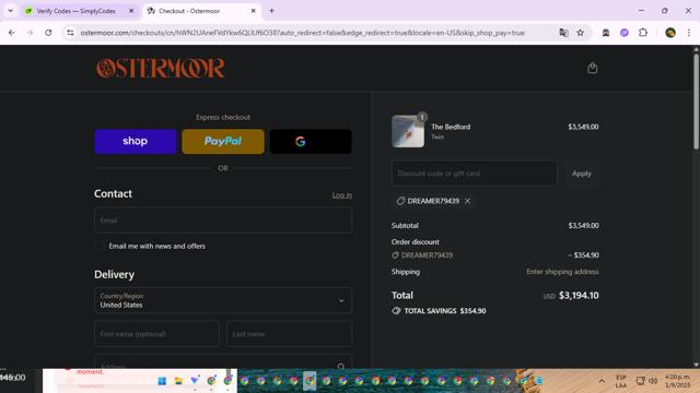 Ostermoor checkout page showing Ostermoor promo code box | Screenshot taken by SimplyCodes community member on Sep 1, 2025