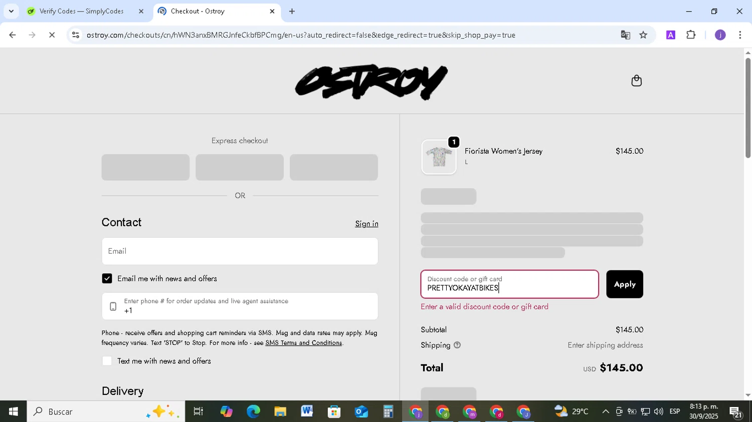 Ostroy discount code screenshot showing code PRETTYOKAYATBIKES applied at Ostroy checkout page. Uploaded by SimplyCodes community member TAZ2024 on Oct 1, 2025