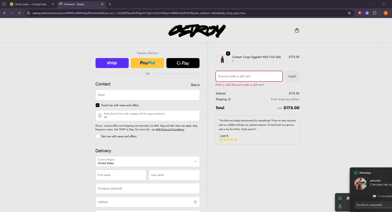 Ostroy discount code screenshot showing code CARGO applied at Ostroy checkout page. Uploaded by SimplyCodes community member Davoxeneixe on Dec 1, 2025