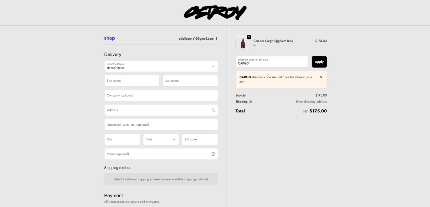 Ostroy discount code screenshot showing code CARGO applied at Ostroy checkout page. Uploaded by SimplyCodes community member Elosox1 on Oct 8, 2025