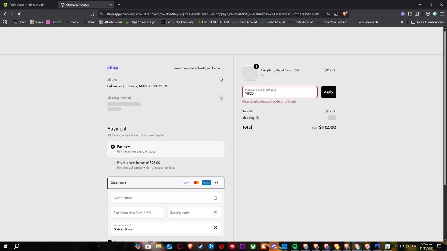 Ostroy discount code screenshot showing code VIP20 applied at Ostroy checkout page. Uploaded by SimplyCodes community member SimplyNerd on Nov 11, 2025