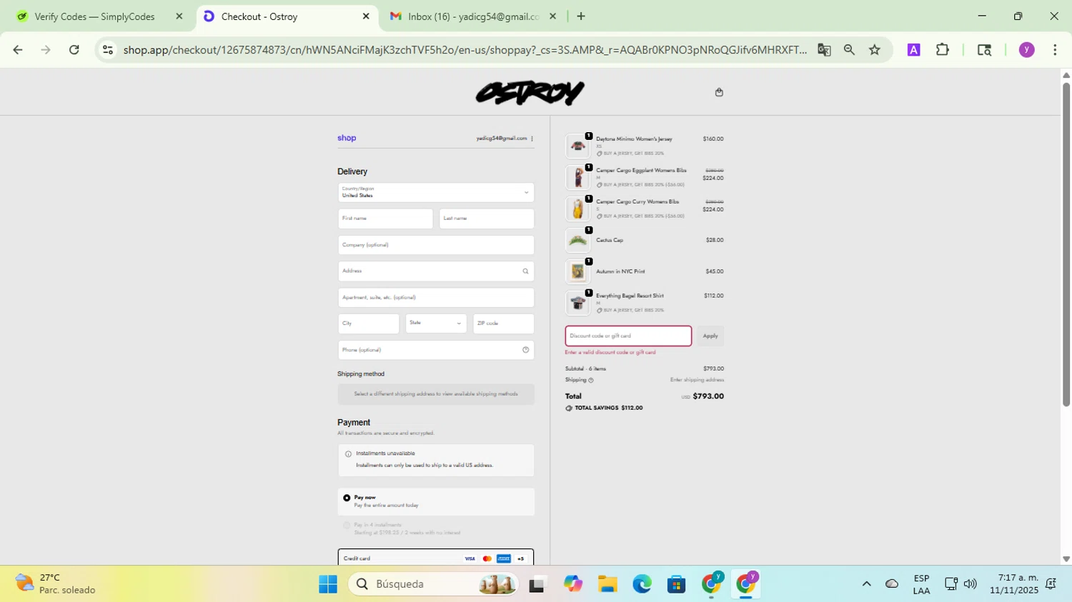 Ostroy discount code screenshot showing code VIP20 applied at Ostroy checkout page. Uploaded by SimplyCodes community member yadicg054 on Nov 11, 2025