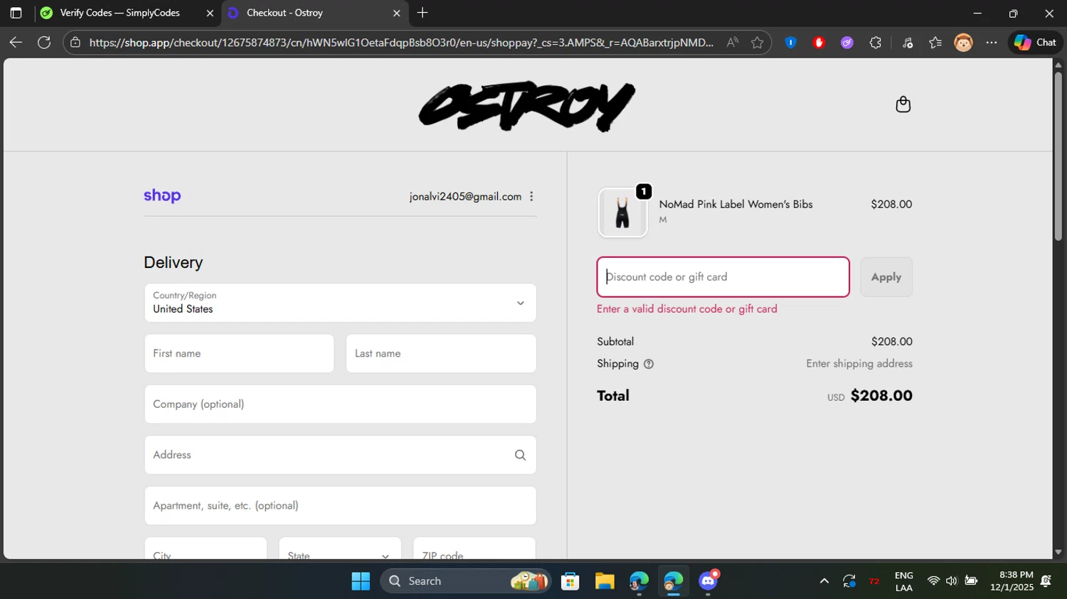 Ostroy discount code screenshot showing code BF20 applied at Ostroy checkout page. Uploaded by SimplyCodes community member Don_Quixote on Dec 2, 2025