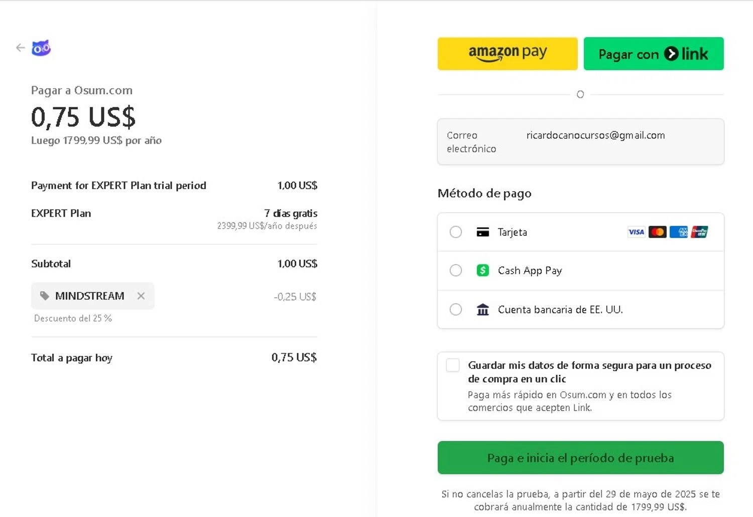 Osum.com promo code screenshot showing code MINDSTREAM applied at Osum.com checkout page. Uploaded by SimplyCodes community member LAMINEJAMAL on May 22, 2025