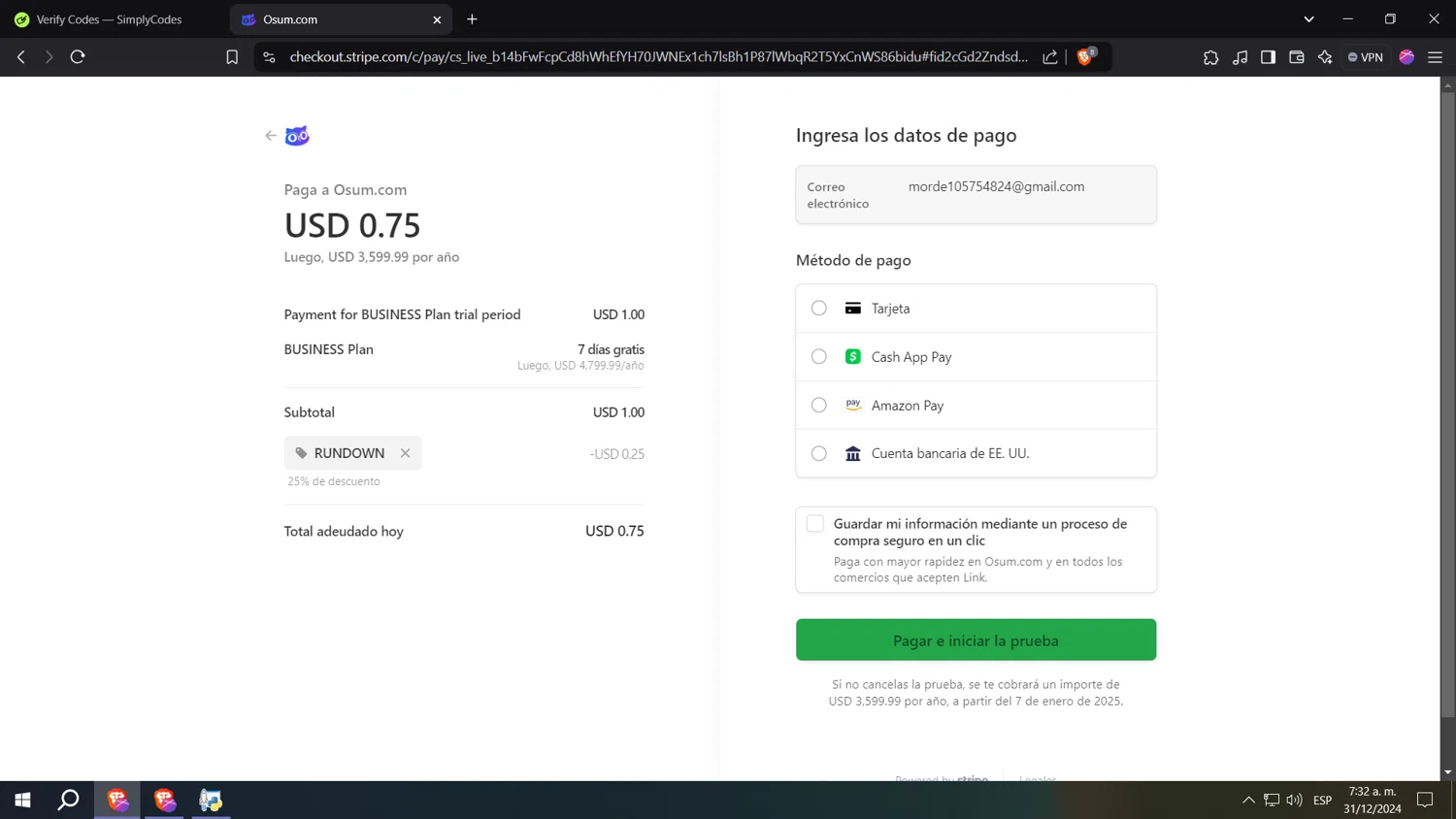 Osum.com promo code screenshot showing code RUNDOWN applied at Osum.com checkout page. Uploaded by SimplyCodes community member kkkkkkkkkkkkkkkkkkkk on Dec 31, 2024
