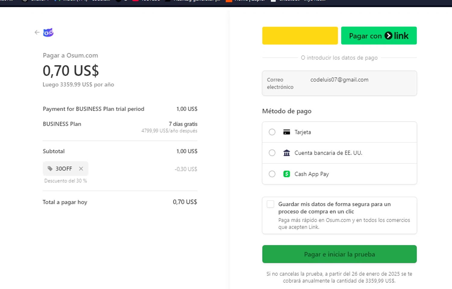 Osum.com promo code screenshot showing code 30OFF applied at Osum.com checkout page. Uploaded by SimplyCodes community member Yossoy on Jan 19, 2025