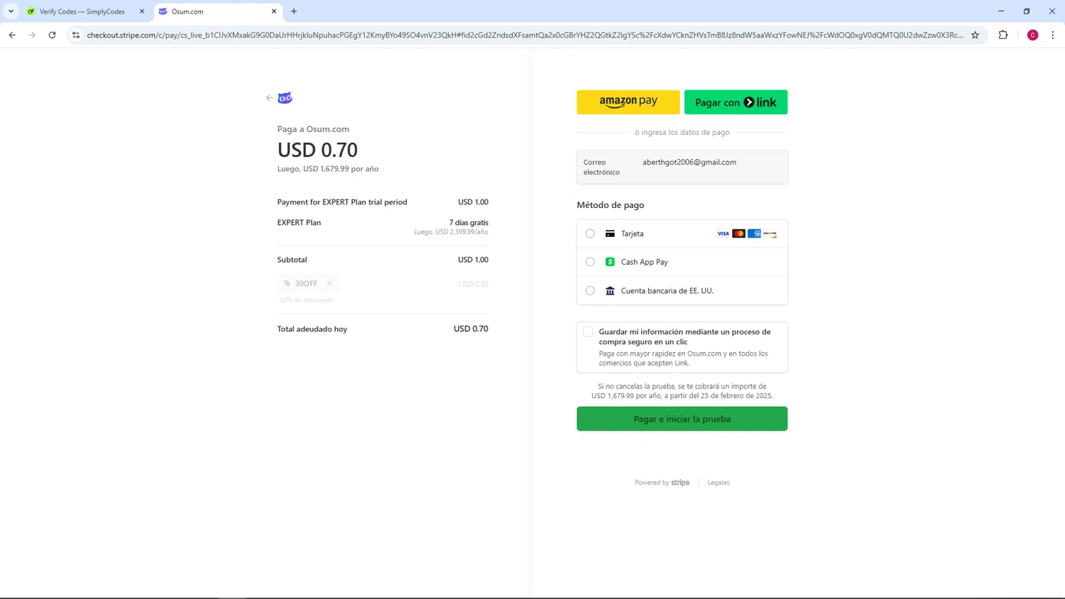 Osum.com promo code screenshot showing code 30OFF applied at Osum.com checkout page. Uploaded by SimplyCodes community member TOROREX250 on Feb 18, 2025