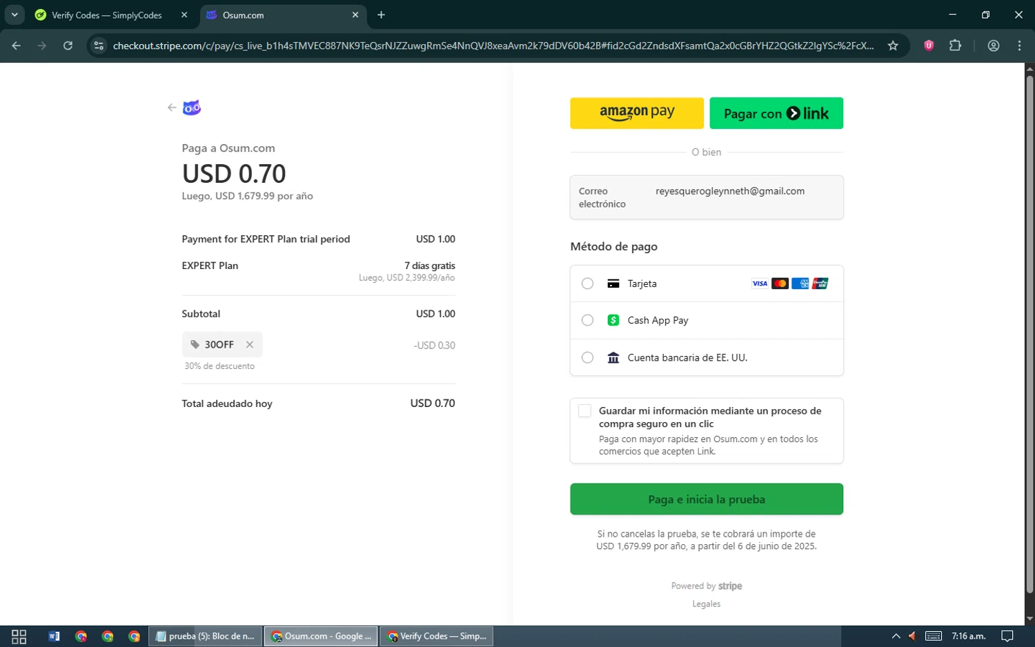 Osum.com promo code screenshot showing code 30OFF applied at Osum.com checkout page. Uploaded by SimplyCodes community member royershumberto on May 30, 2025