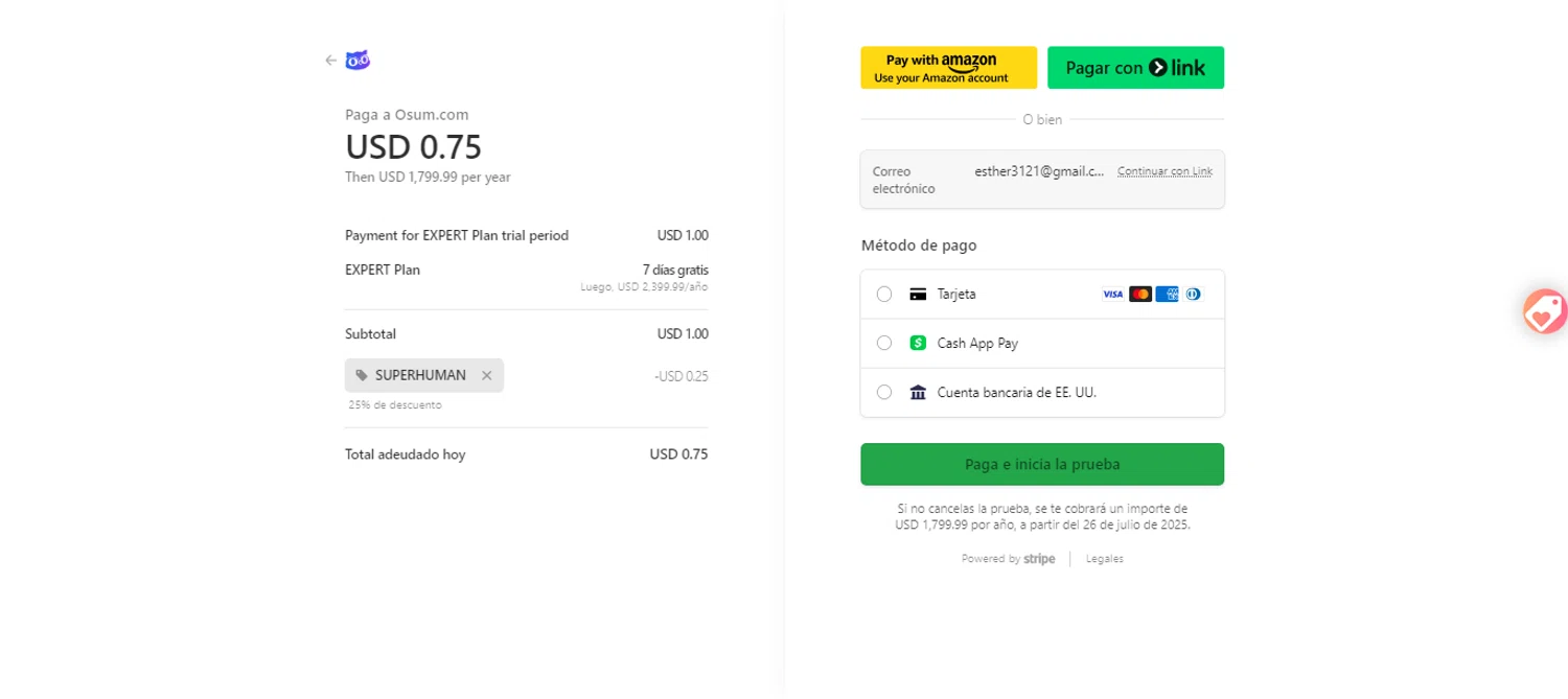 Osum.com promo code screenshot showing code SUPERHUMAN applied at Osum.com checkout page. Uploaded by SimplyCodes community member ESTHER3121 on Jul 19, 2025