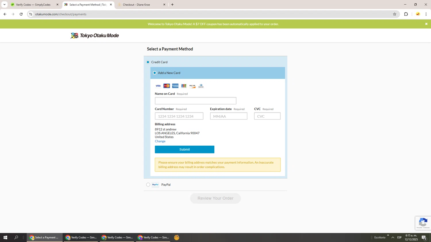 Tokyo Otaku Mode promo code screenshot showing code TSS2025 applied at Tokyo Otaku Mode checkout page. Uploaded by SimplyCodes community member Richard251 on Dec 12, 2025