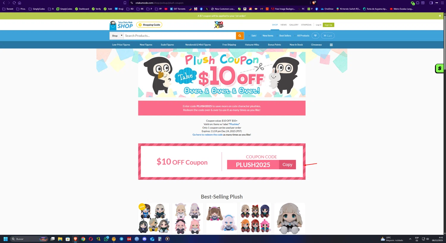 Tokyo Otaku Mode promo code screenshot showing code PLUSH2025 applied at Tokyo Otaku Mode checkout page. Uploaded by SimplyCodes community member UnkNownVnzla on Dec 8, 2025
