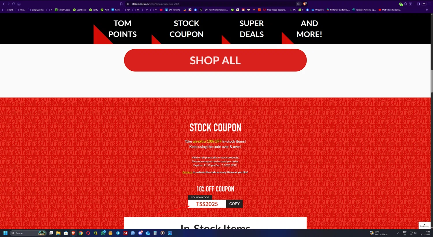 Tokyo Otaku Mode promo code screenshot showing code TSS2025 applied at Tokyo Otaku Mode checkout page. Uploaded by SimplyCodes community member UnkNownVnzla on Nov 13, 2025