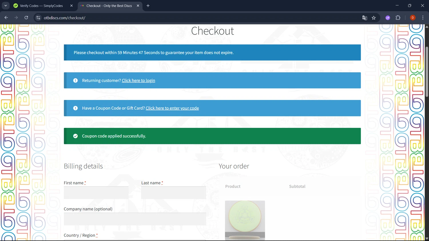 OTB Discs coupon code screenshot showing code gladiatordg applied at OTB Discs checkout page. Uploaded by SimplyCodes community member RoyalSaver3150 on May 24, 2025