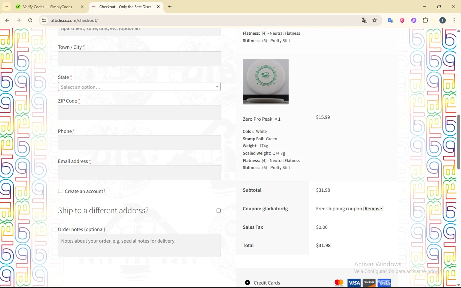 OTB Discs coupon code screenshot showing code gladiatordg applied at OTB Discs checkout page. Uploaded by SimplyCodes community member SmartElite7457 on Jun 21, 2025
