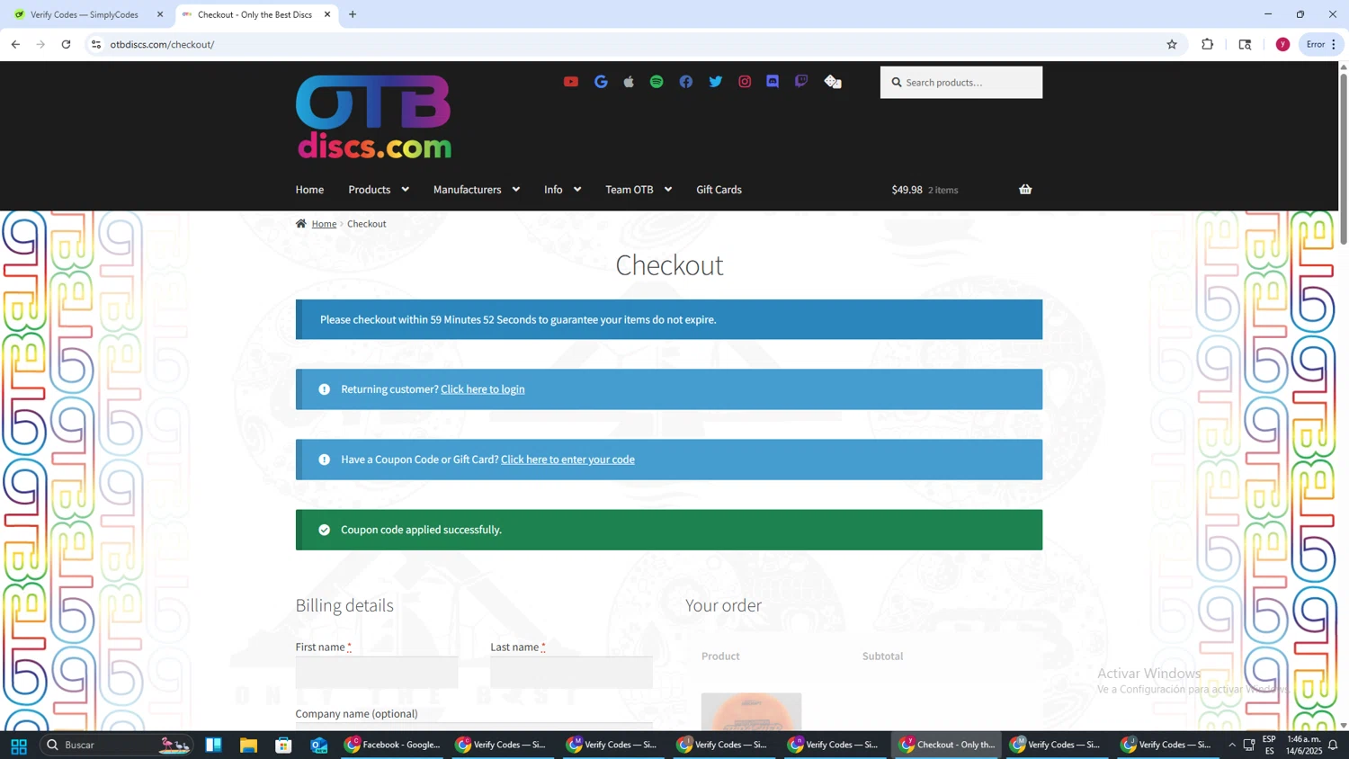 OTB Discs coupon code screenshot showing code gladiatordg applied at OTB Discs checkout page. Uploaded by SimplyCodes community member ThriftyWizard1508 on Jun 14, 2025