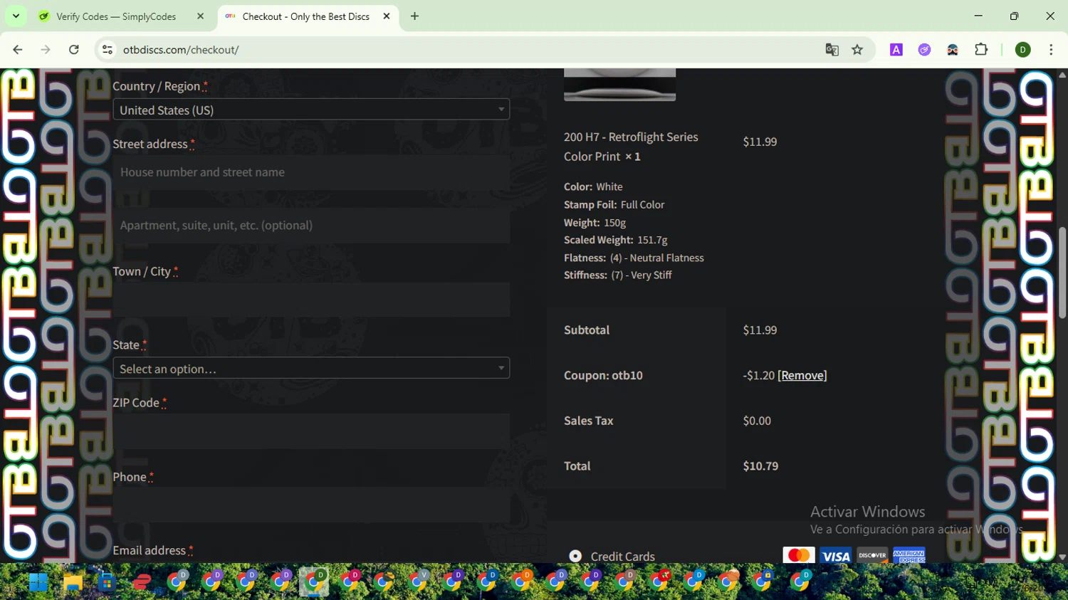OTB Discs coupon code screenshot showing code OTB10 applied at OTB Discs checkout page. Uploaded by SimplyCodes community member BargainGuardian5495 on Jun 14, 2025