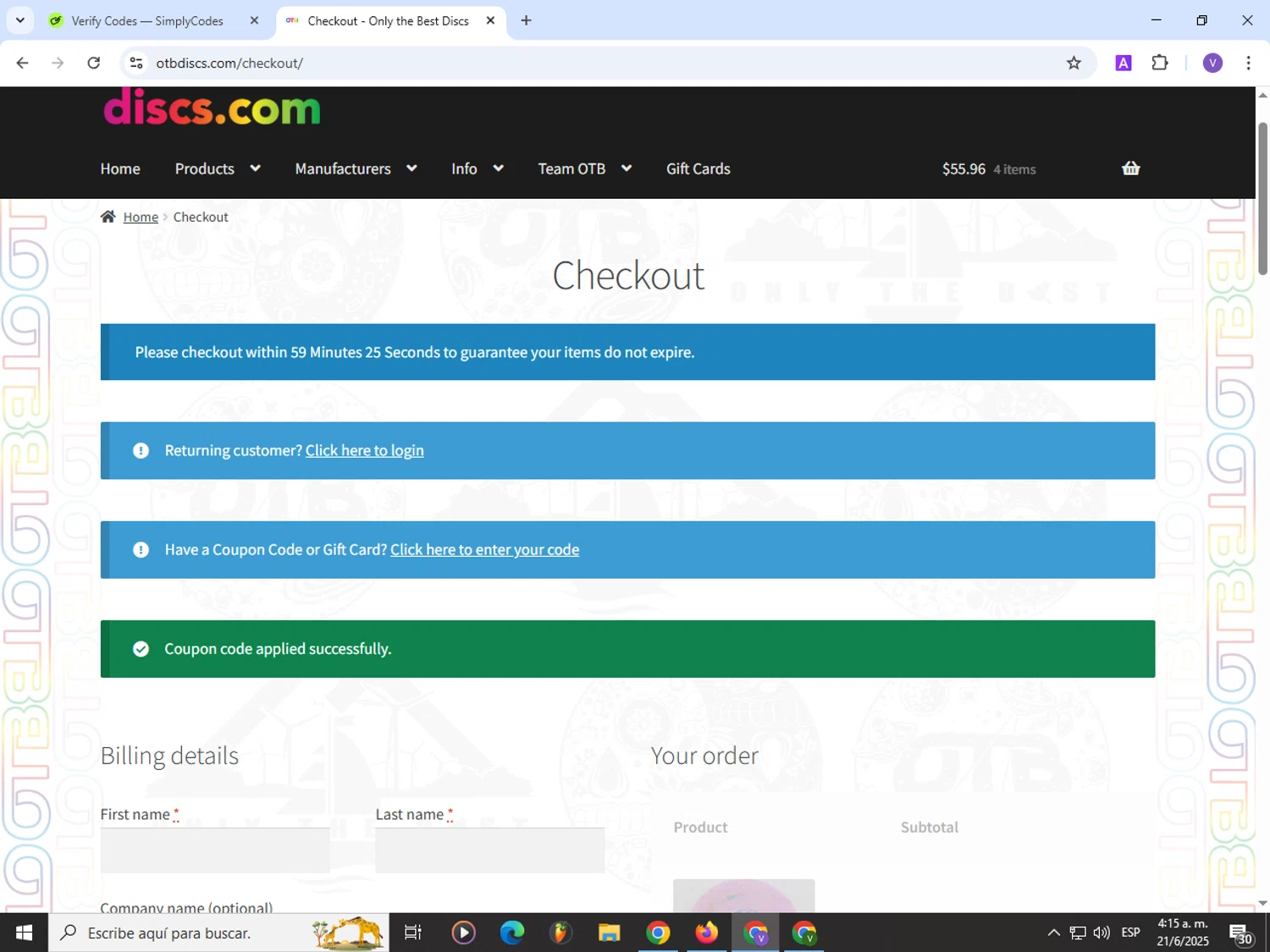 OTB Discs coupon code screenshot showing code OTB10 applied at OTB Discs checkout page. Uploaded by SimplyCodes community member Satoru_gojo on Jun 21, 2025