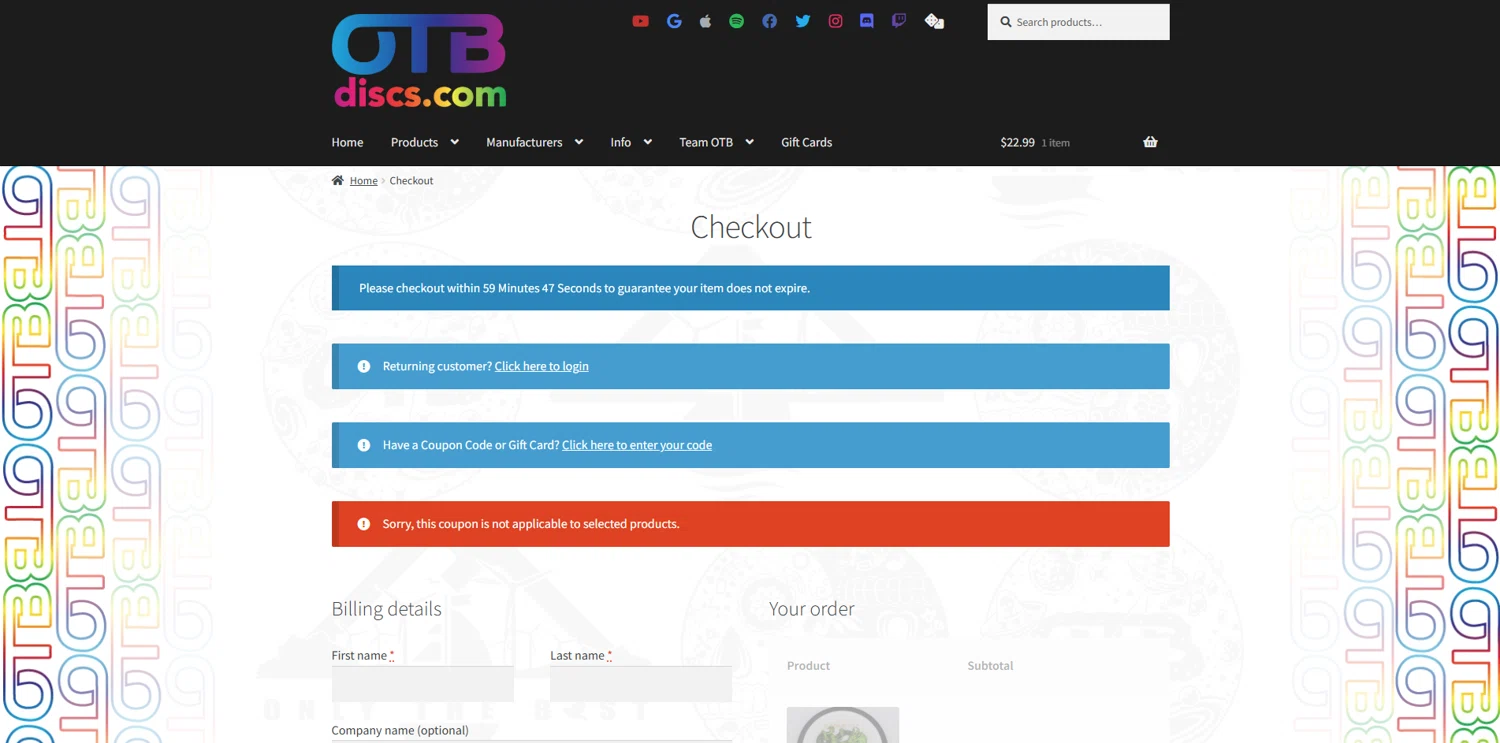 OTB Discs coupon code screenshot showing code OTB10 applied at OTB Discs checkout page. Uploaded by SimplyCodes community member holasfosi on Jun 28, 2025
