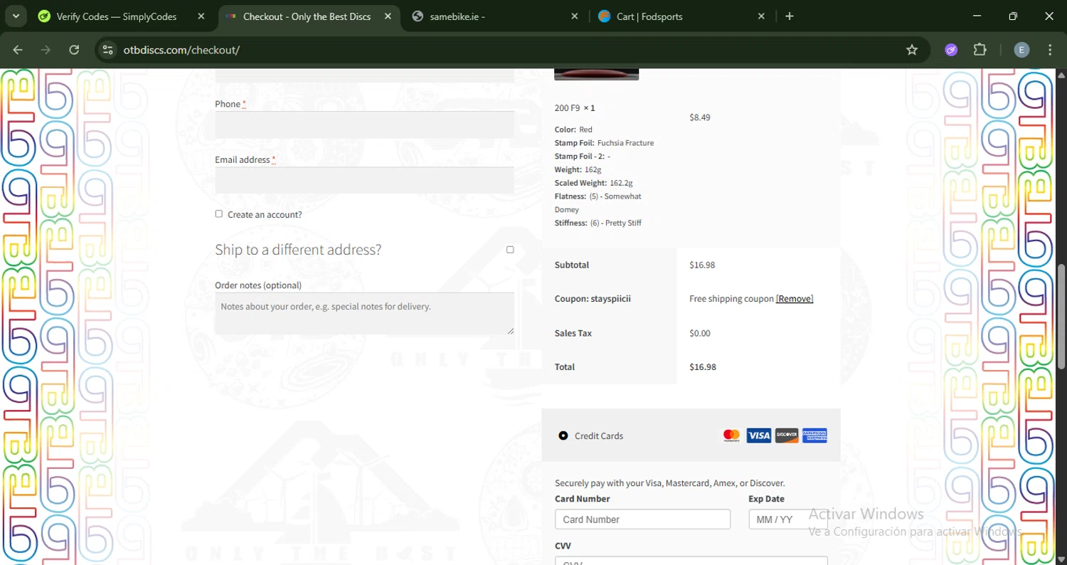 OTB Discs coupon code screenshot showing code STAYSPIICII applied at OTB Discs checkout page. Uploaded by SimplyCodes community member ExtraordinaryMonarch4598 on Jun 28, 2025