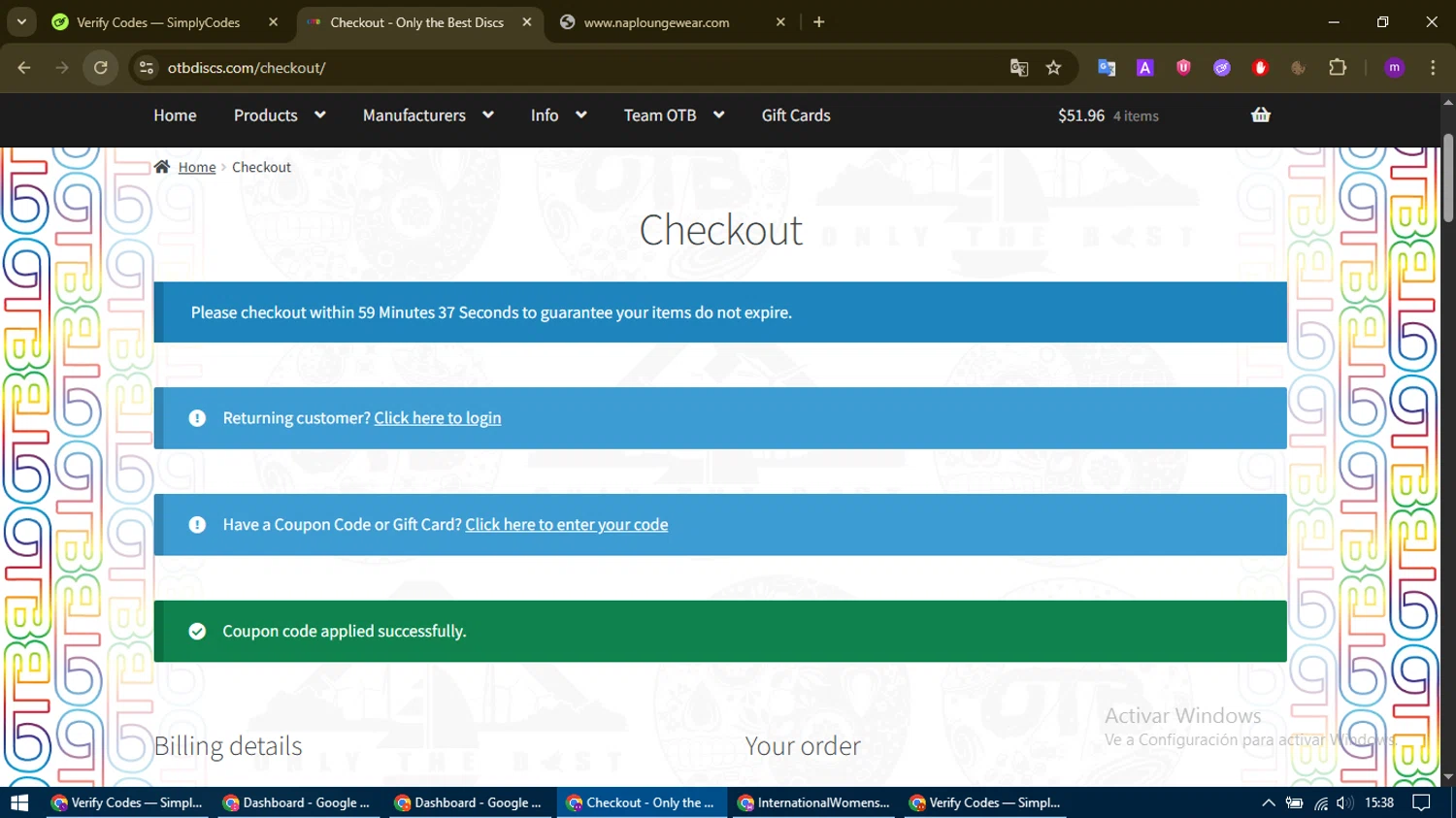 OTB Discs coupon code screenshot showing code OTBKEEGANH applied at OTB Discs checkout page. Uploaded by SimplyCodes community member WonderHawk4272 on Nov 6, 2025