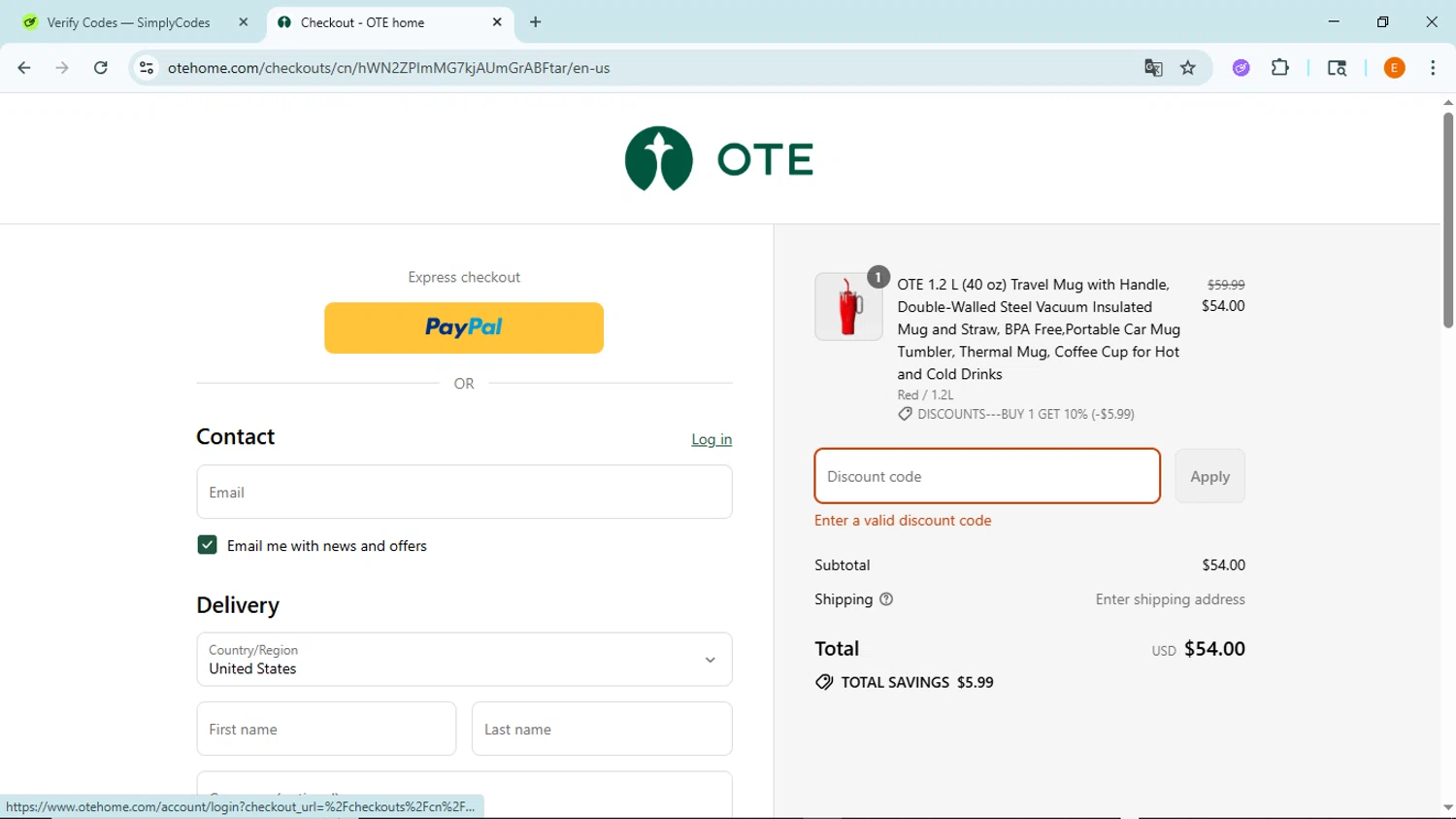 OTE home promo code screenshot showing code OTE applied at OTE home checkout page. Uploaded by SimplyCodes community member BudgetFox5491 on Sep 4, 2025