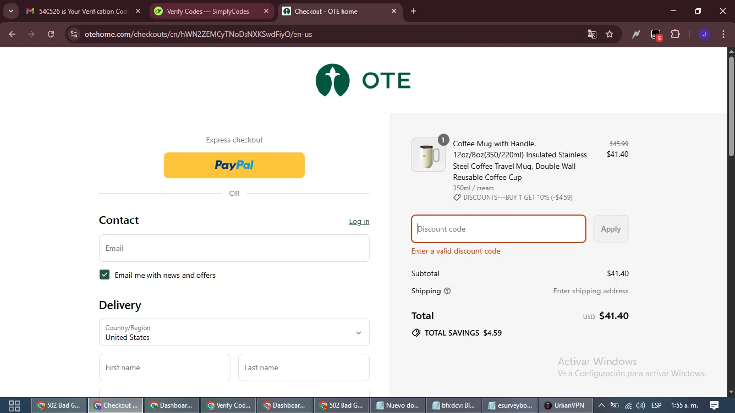 OTE home promo code screenshot showing code OTE applied at OTE home checkout page. Uploaded by SimplyCodes community member LegendaryLegend9872 on Sep 3, 2025