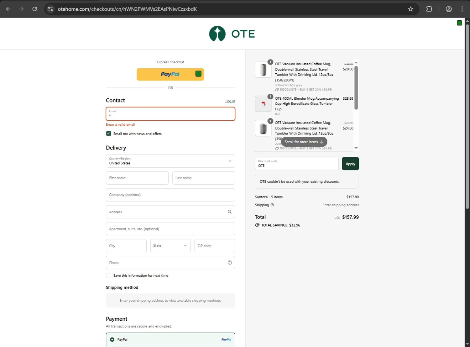 OTE home checkout page showing OTE home promo code box | Screenshot taken by SimplyCodes community member on Aug 30, 2025