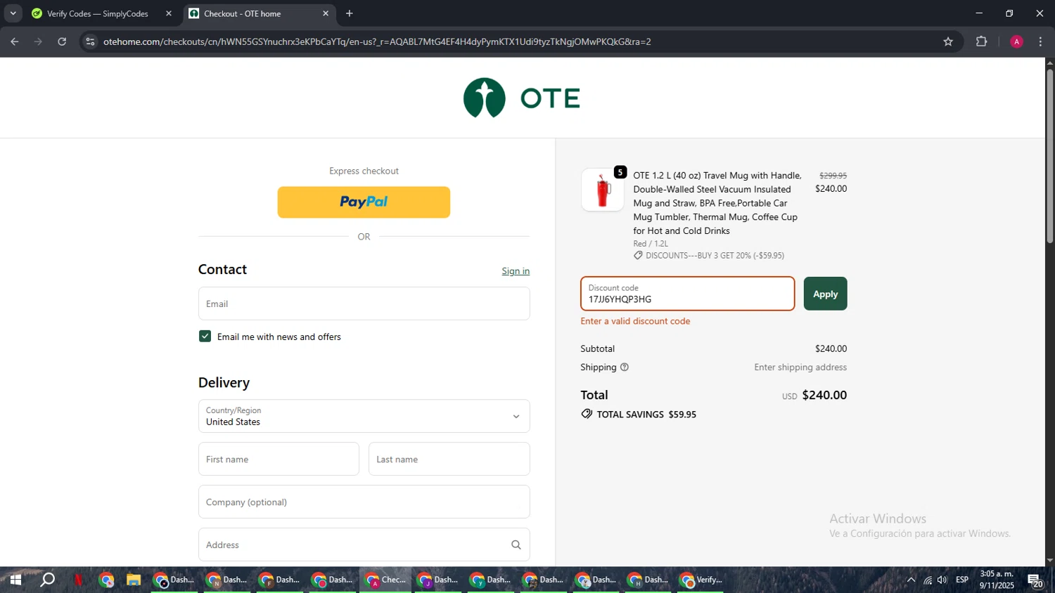 OTE home promo code screenshot showing code 17JJ6YHQP3HG applied at OTE home checkout page. Uploaded by SimplyCodes community member BMWGS1200 on Nov 9, 2025