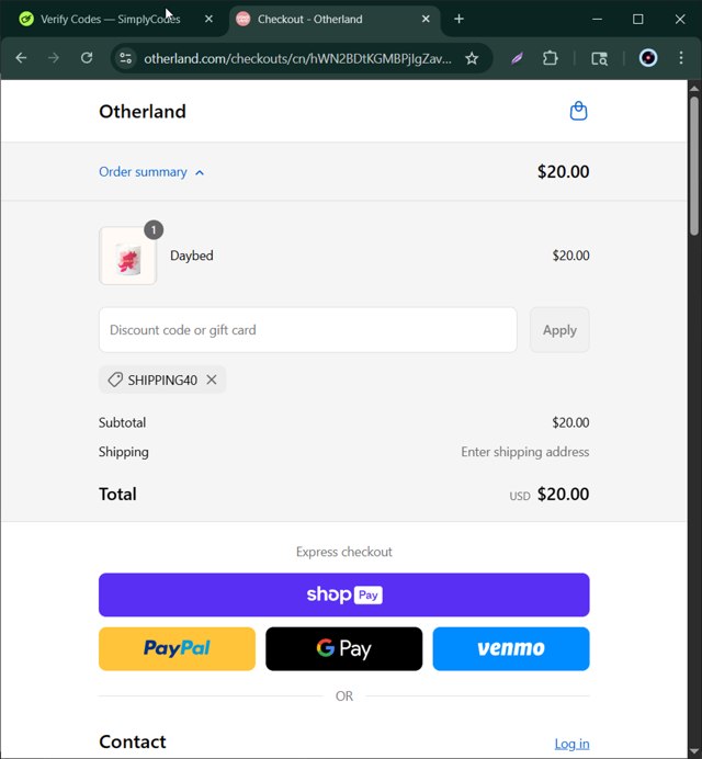 Otherland checkout page showing Otherland discount code box | Screenshot taken by SimplyCodes community member on Aug 24, 2025