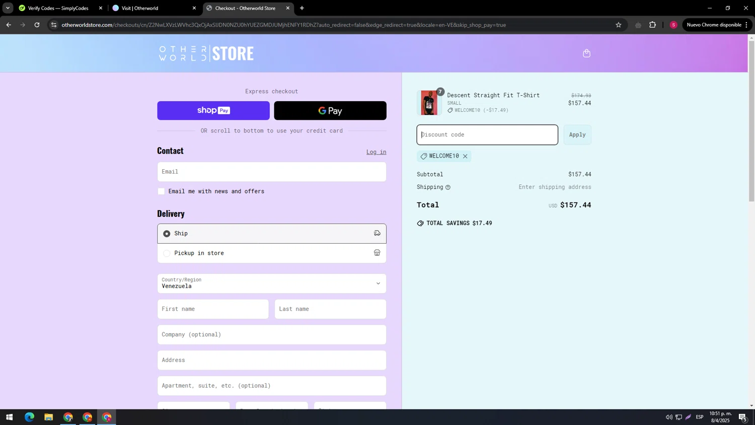 Otherworld coupon code screenshot showing code WELCOME10 applied at Otherworld checkout page. Uploaded by SimplyCodes community member usenameeeee on Apr 9, 2025