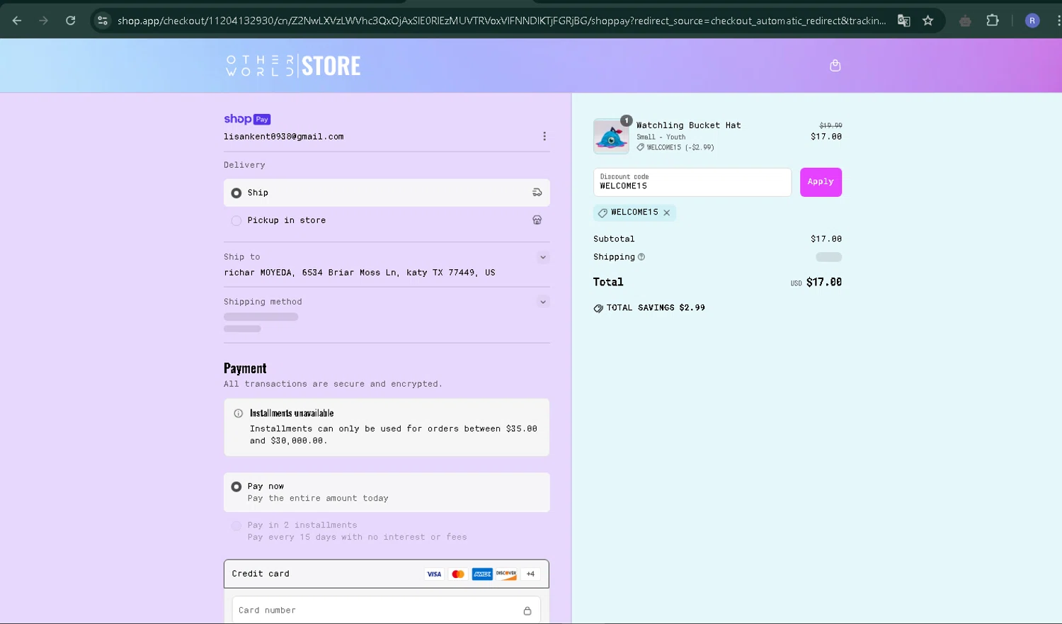 Otherworld checkout page showing Otherworld coupon code box | Screenshot taken by SimplyCodes community member on Mar 24, 2025