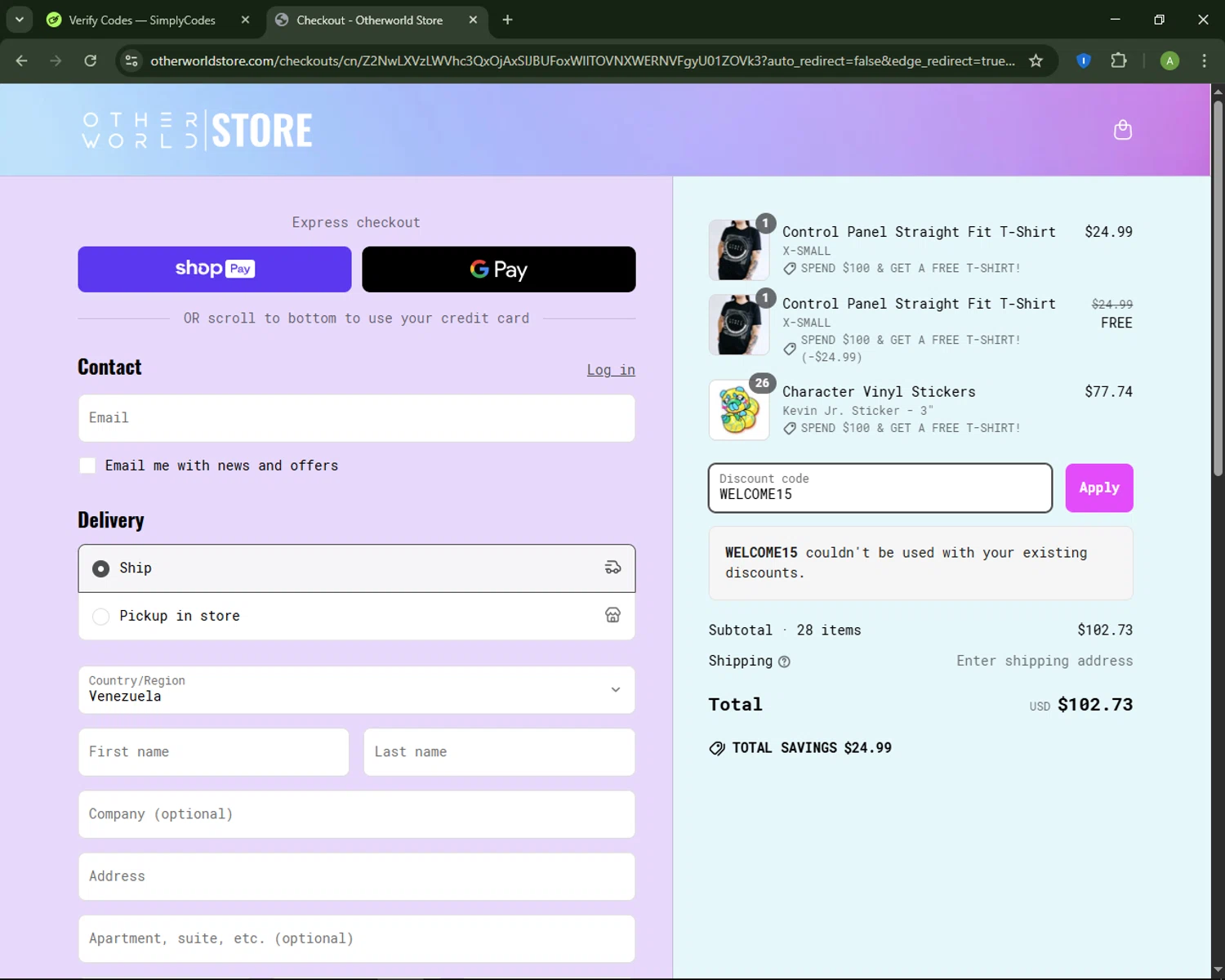 Otherworld coupon code screenshot showing code WELCOME15 applied at Otherworld checkout page. Uploaded by SimplyCodes community member MagnificentSaver708 on Apr 8, 2025