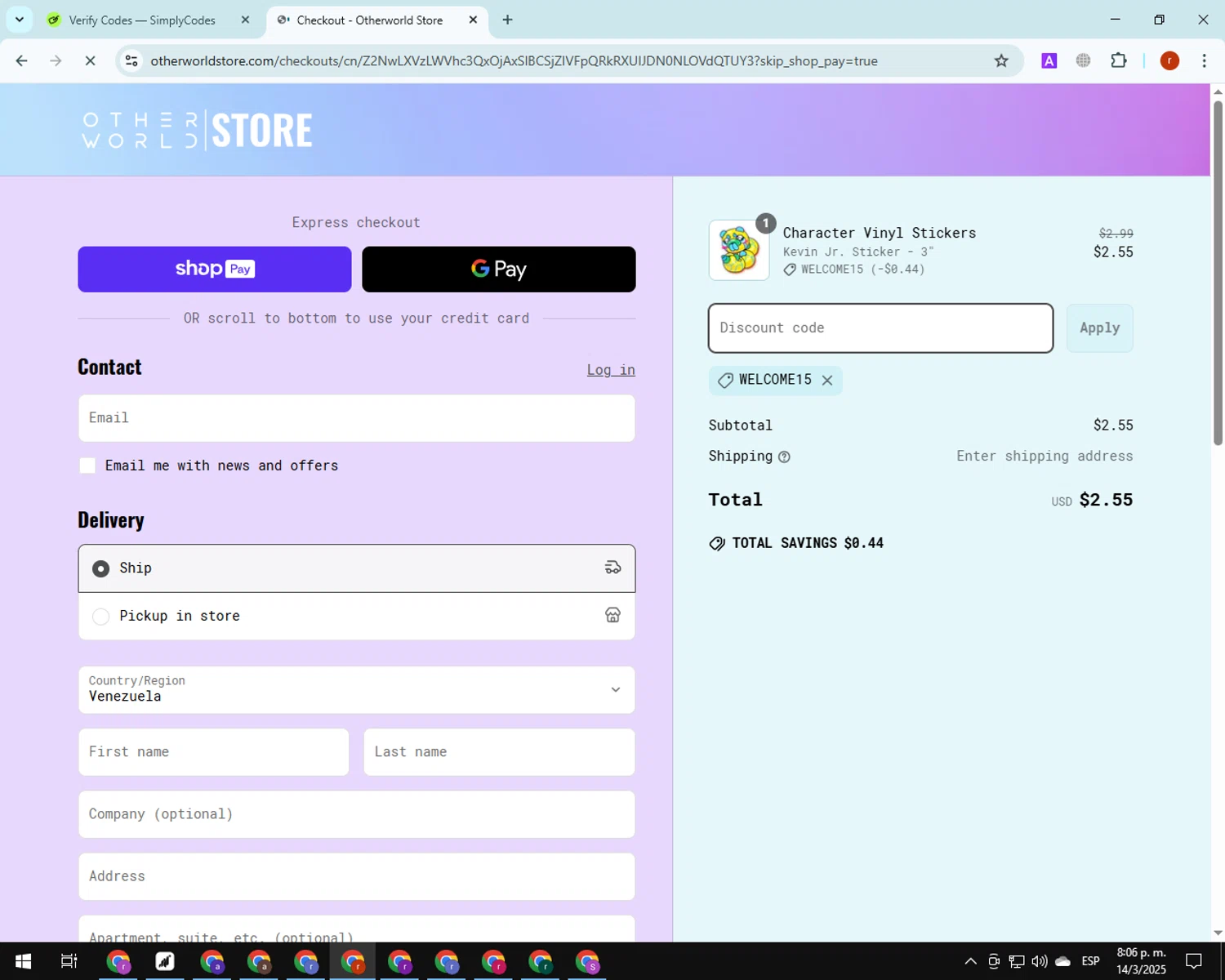Otherworld checkout page showing Otherworld coupon code box | Screenshot taken by SimplyCodes community member on Mar 15, 2025