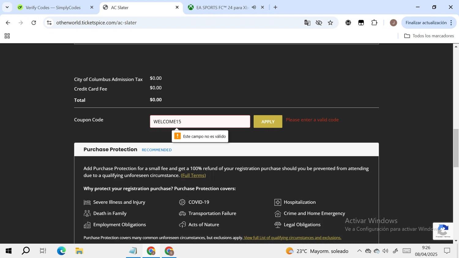 Otherworld coupon code screenshot showing code WELCOME15 applied at Otherworld checkout page. Uploaded by SimplyCodes community member RoyalAdmiral4824 on Apr 8, 2025