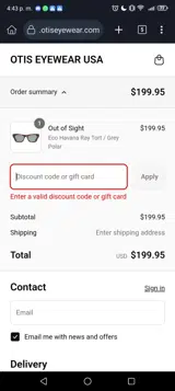 Otis Eyewear coupon verification screenshot